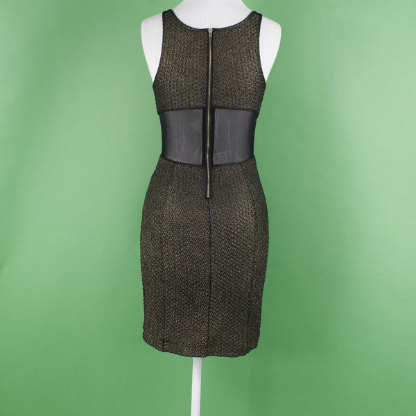 Express Sz 2 Black Gold Textured Shimmer Mesh Inserts Nylon Blend Bodycon Dress
