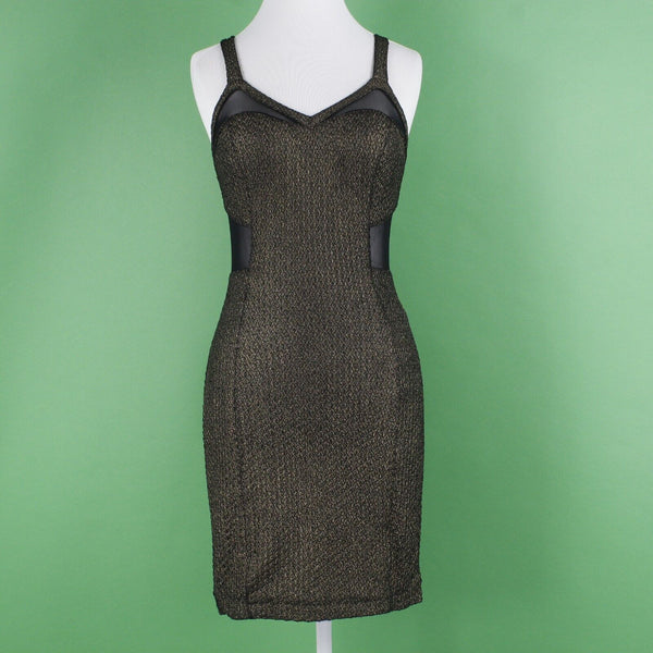 Express Sz 2 Black Gold Textured Shimmer Mesh Inserts Nylon Blend Bodycon Dress