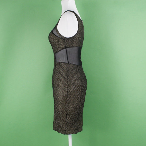 Express Sz 2 Black Gold Textured Shimmer Mesh Inserts Nylon Blend Bodycon Dress