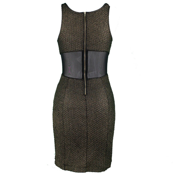 Express Sz 2 Black Gold Textured Shimmer Mesh Inserts Nylon Blend Bodycon Dress