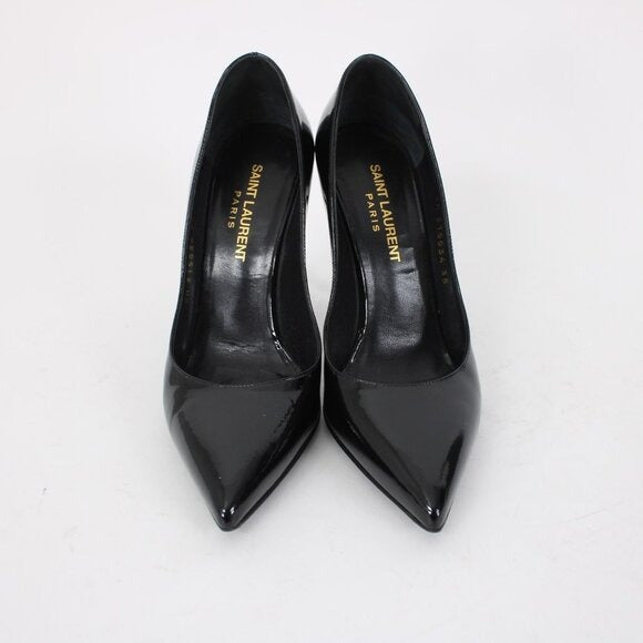 Saint Laurent ZOE Sz 35 Black Patent Leather 315534 4" Slim Square High Heels