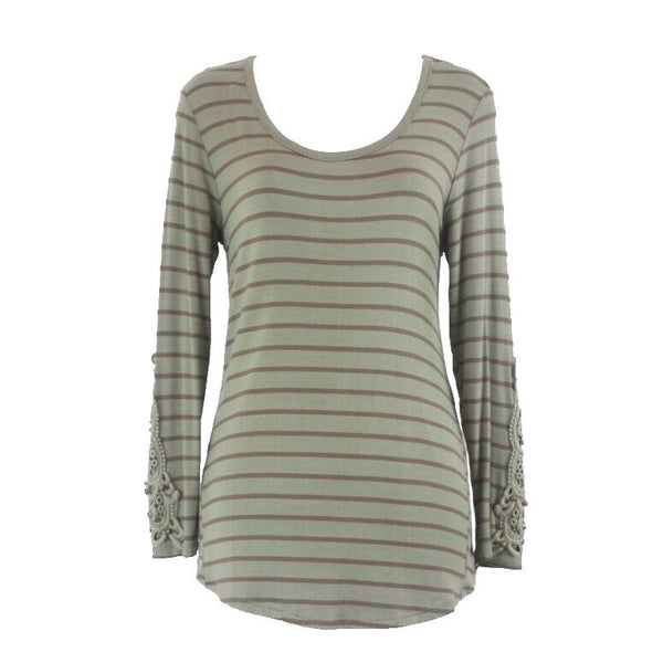 Cha Cha Vente NWT $22 Sz PL Olive Brown Bead Applique Slv Knit Rayon Blend Top