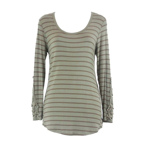 Cha Cha Vente NWT $22 Sz PL Olive Brown Bead Applique Slv Knit Rayon Blend Top