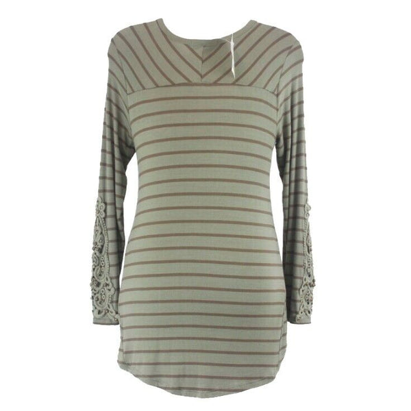 Cha Cha Vente NWT $22 Sz PL Olive Brown Bead Applique Slv Knit Rayon Blend Top