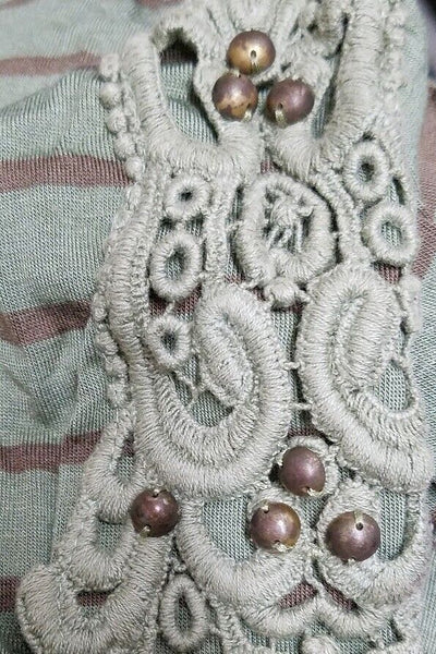 Cha Cha Vente NWT $22 Sz PL Olive Brown Bead Applique Slv Knit Rayon Blend Top