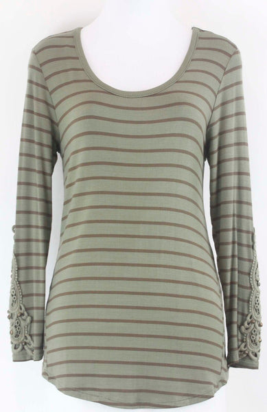 Cha Cha Vente NWT $22 Sz PL Olive Brown Bead Applique Slv Knit Rayon Blend Top
