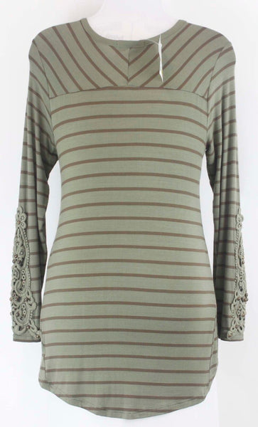 Cha Cha Vente NWT $22 Sz PL Olive Brown Bead Applique Slv Knit Rayon Blend Top