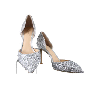 Badgley Mischka Jewel Sz 9 Silver Pave Rhinestone Glitter Man Made 4" Heel