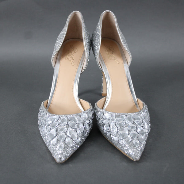Badgley Mischka Jewel Sz 9 Silver Pave Rhinestone Glitter Man Made 4" Heel