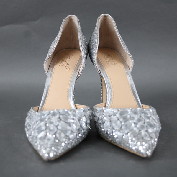 Badgley Mischka Jewel Sz 9 Silver Pave Rhinestone Glitter Man Made 4" Heel