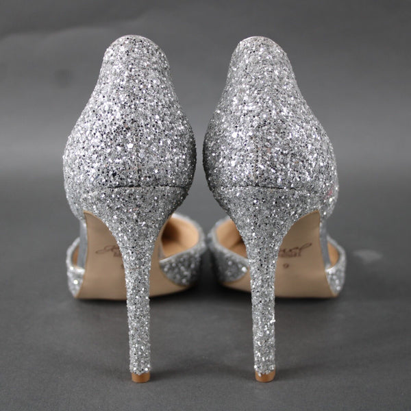 Badgley Mischka Jewel Sz 9 Silver Pave Rhinestone Glitter Man Made 4" Heel