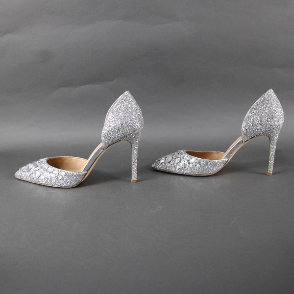 Badgley Mischka Jewel Sz 9 Silver Pave Rhinestone Glitter Man Made 4" Heel