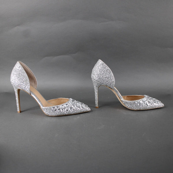 Badgley Mischka Jewel Sz 9 Silver Pave Rhinestone Glitter Man Made 4" Heel