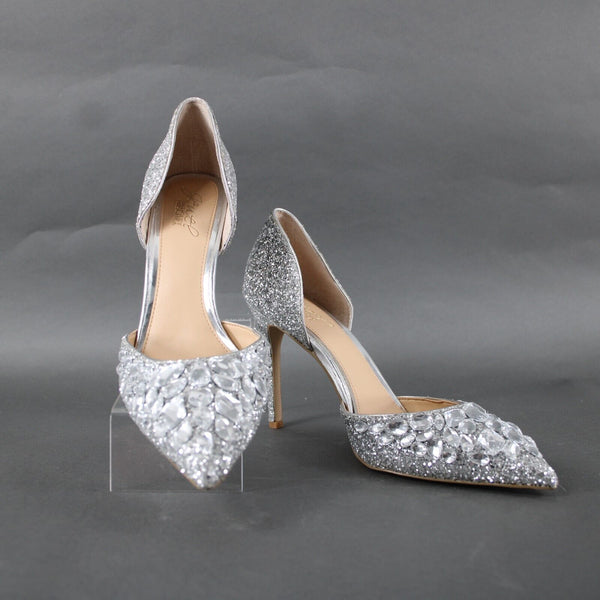 Badgley Mischka Jewel Sz 9 Silver Pave Rhinestone Glitter Man Made 4" Heel