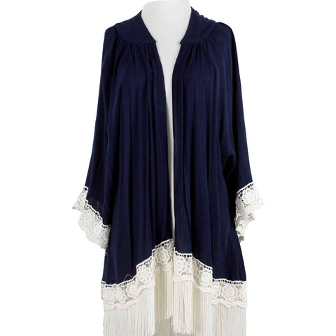 Jodifl Sz S Navy Cream Fringe Embroidered 100% Rayon Wrap Sweater