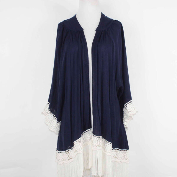 Jodifl Sz S Navy Cream Fringe Embroidered 100% Rayon Wrap Sweater