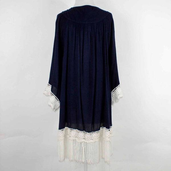 Jodifl Sz S Navy Cream Fringe Embroidered 100% Rayon Wrap Sweater