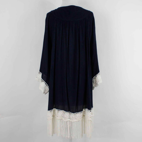 Jodifl Sz S Navy Cream Fringe Embroidered 100% Rayon Wrap Sweater