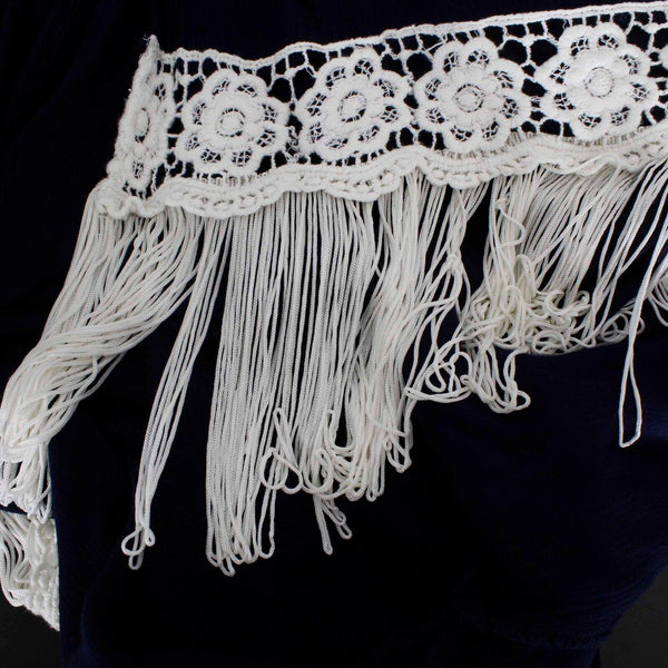 Jodifl Sz S Navy Cream Fringe Embroidered 100% Rayon Wrap Sweater