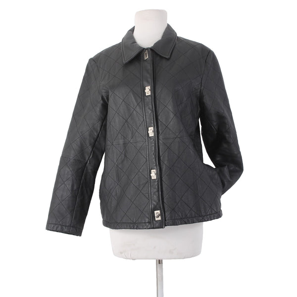 Dialogue Jacket Sz S Black Silver Collared Pockets  100% Leather Polyester Lined