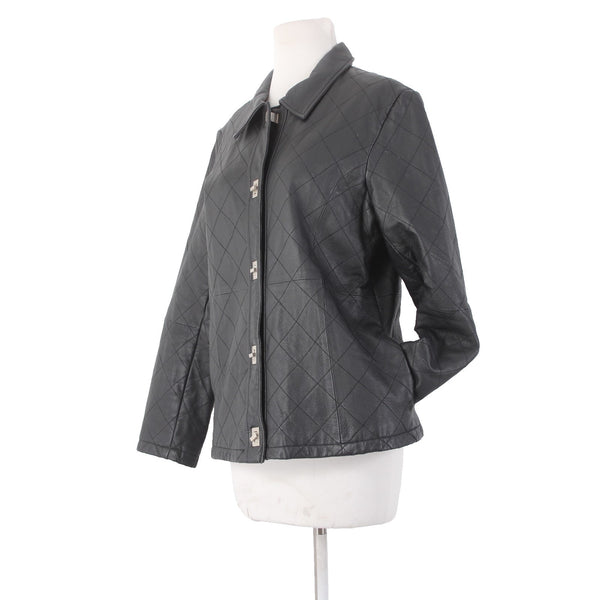 Dialogue Jacket Sz S Black Silver Collared Pockets  100% Leather Polyester Lined