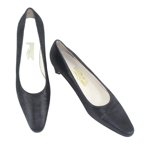 Ferragamo New $170 Sz 8.5AA Narrow Black Textured Spiga Calf 2" Heels