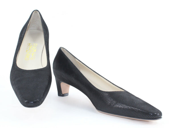 Ferragamo New $170 Sz 8.5AA Narrow Black Textured Spiga Calf 2" Heels