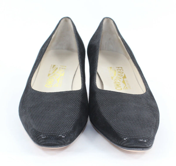 Ferragamo New $170 Sz 8.5AA Narrow Black Textured Spiga Calf 2" Heels