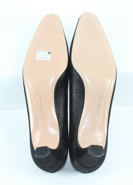 Ferragamo New $170 Sz 8.5AA Narrow Black Textured Spiga Calf 2" Heels