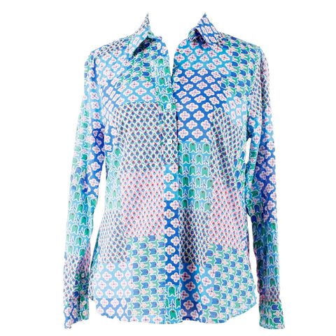 Talbots Sz SP Blue Multi Collared Button Up Round Hem Gathered Back Cotton Shirt
