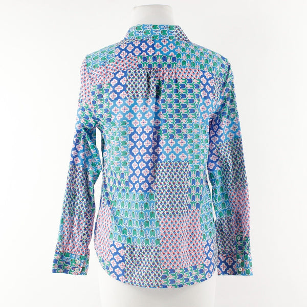 Talbots Sz SP Blue Multi Collared Button Up Round Hem Gathered Back Cotton Shirt