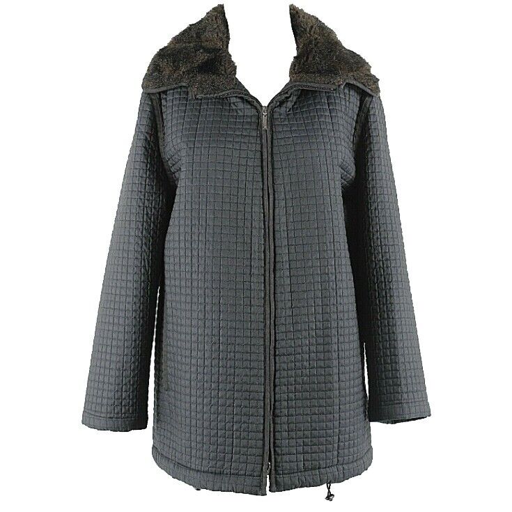 Anne Klein II Sz L Black Brown Faux Fur Collar Quilted Zip Poly Blend Coat