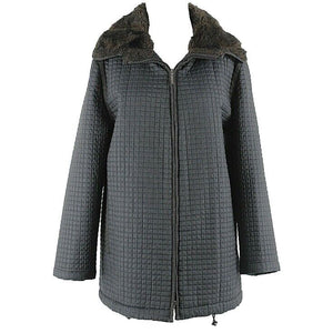 Anne Klein II Sz L Black Brown Faux Fur Collar Quilted Zip Poly Blend Coat