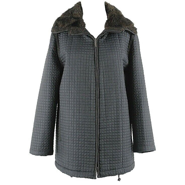 Anne Klein II Sz L Black Brown Faux Fur Collar Quilted Zip Poly Blend Coat