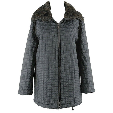 Anne Klein II Sz L Black Brown Faux Fur Collar Quilted Zip Poly Blend Coat