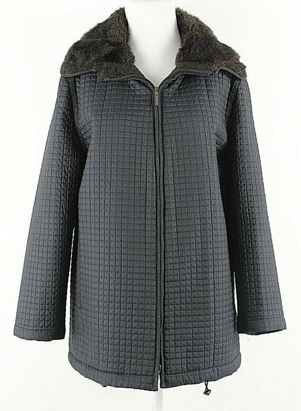 Anne Klein II Sz L Black Brown Faux Fur Collar Quilted Zip Poly Blend Coat