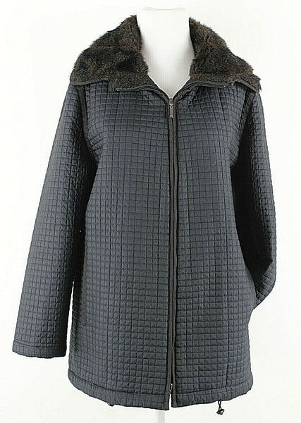 Anne Klein II Sz L Black Brown Faux Fur Collar Quilted Zip Poly Blend Coat