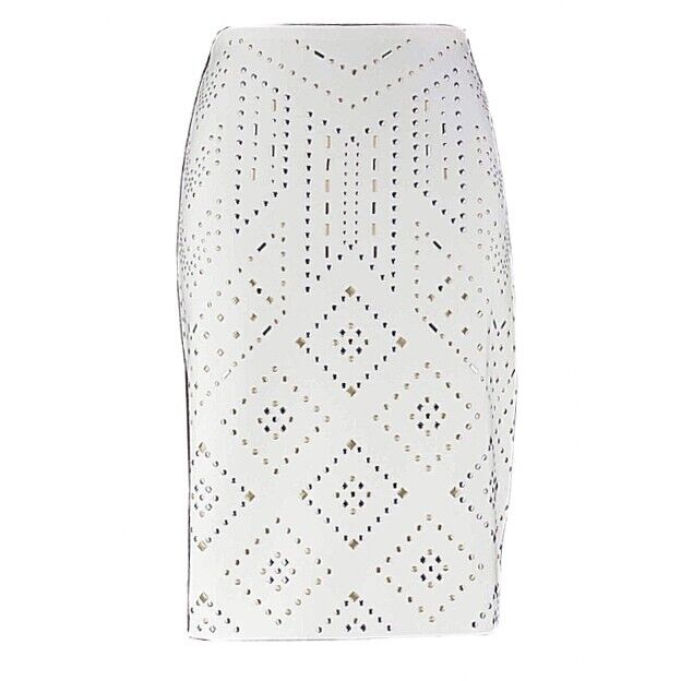 White House Black NEW $148 Sz 2 Cream Gold Stud Pencil Rayon Blend Skirt