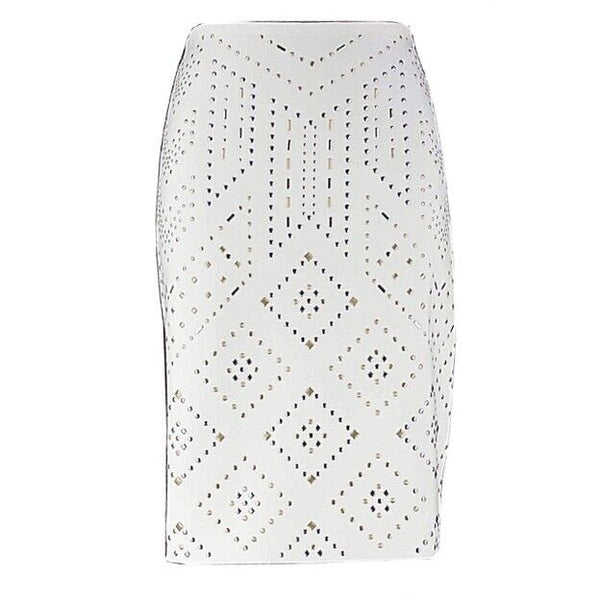 White House Black NEW $148 Sz 2 Cream Gold Stud Pencil Rayon Blend Skirt