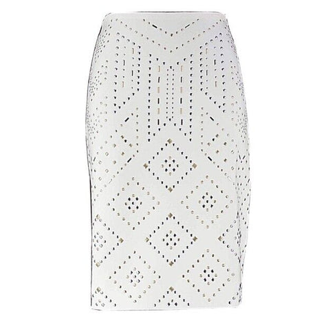 White House Black NEW $148 Sz 2 Cream Gold Stud Pencil Rayon Blend Skirt