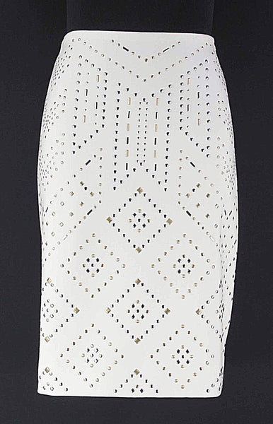 White House Black NEW $148 Sz 2 Cream Gold Stud Pencil Rayon Blend Skirt