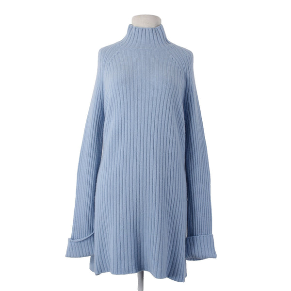 Saks Fifth Avenue Sweater Sz L Blue Turtleneck Ribbed Knit Wool Cashmere Sweater