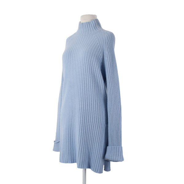 Saks Fifth Avenue Sweater Sz L Blue Turtleneck Ribbed Knit Wool Cashmere Sweater