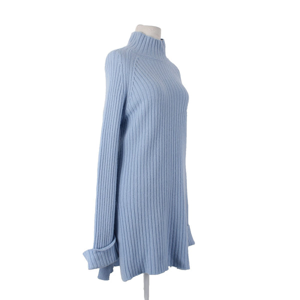 Saks Fifth Avenue Sweater Sz L Blue Turtleneck Ribbed Knit Wool Cashmere Sweater