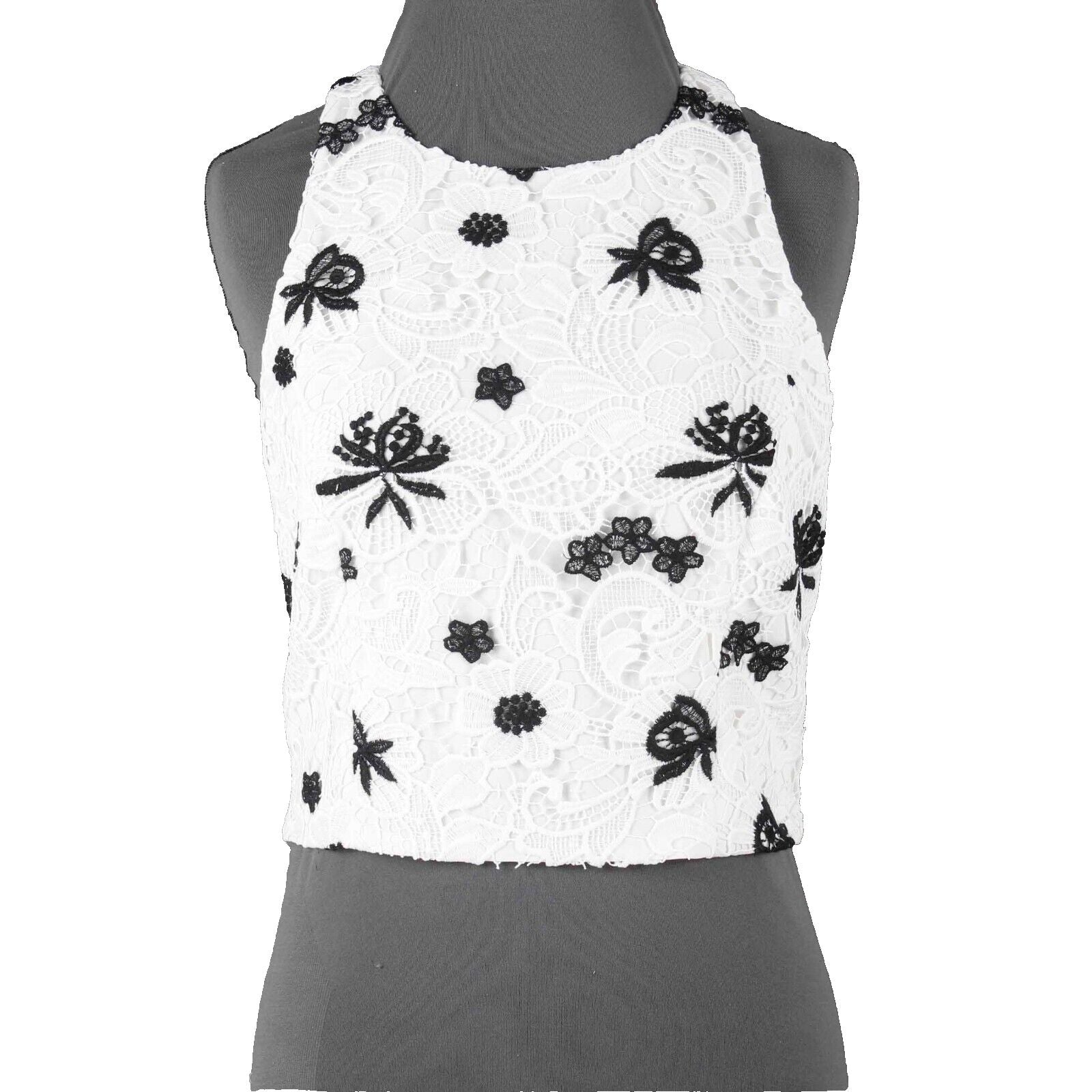 Alice Olivia NEW $220 Sz 10 White Black Lace Overlay Lined Poly Blend CropTop