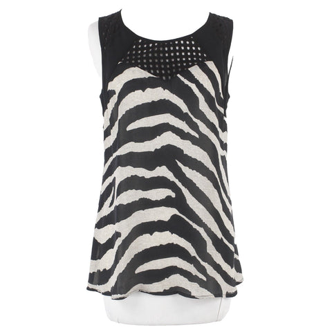 Cabi Sz S Tan Black Zebra Animal Print Eyelets Sheer Cotton Nylon Polyester Top