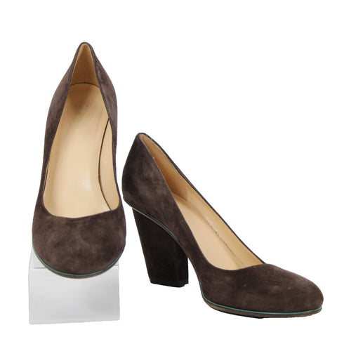 Kate Spade Sz 9 B Brown Green Trim Slip On Suede Upper Leather Inner 3" Heels