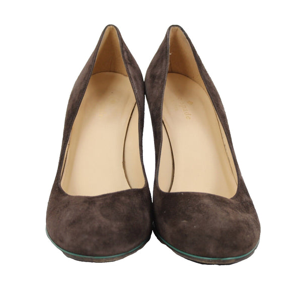 Kate Spade Sz 9 B Brown Green Trim Slip On Suede Upper Leather Inner 3" Heels