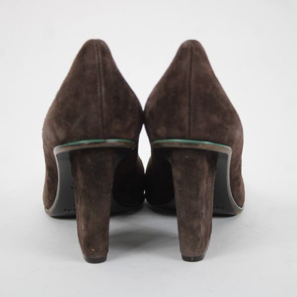 Kate Spade Sz 9 B Brown Green Trim Slip On Suede Upper Leather Inner 3" Heels