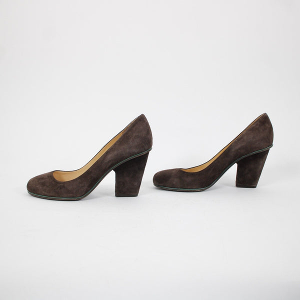 Kate Spade Sz 9 B Brown Green Trim Slip On Suede Upper Leather Inner 3" Heels